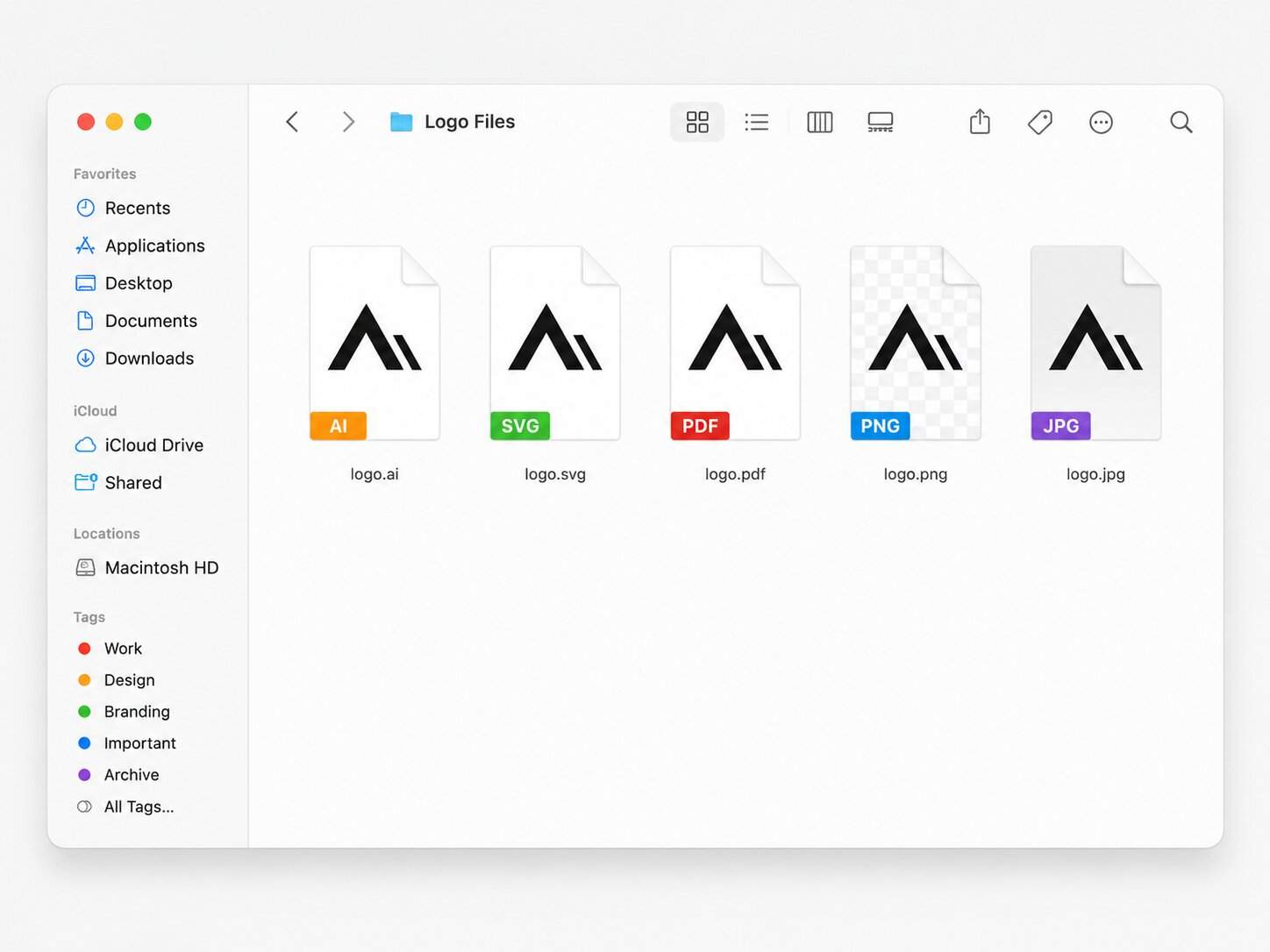 فایل‌های نهایی لوگو شامل SVG، PDF، PNG و نسخه وکتور
